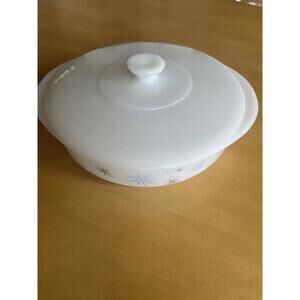 VINTAGE 8" Atomic Starburst Milk Covered Glasbake Casserole Dish J-2429